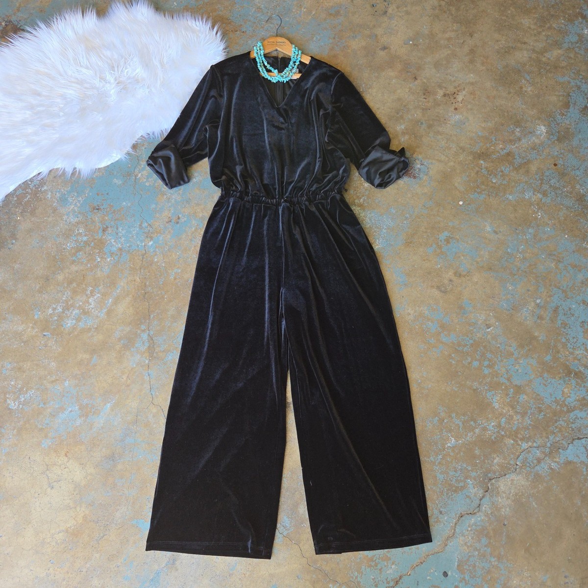 Chicos Black Velvet Wide Leg Jumpsuit Size 16/18P Petite V Neck