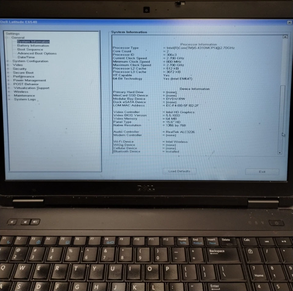 Dell Latitude E6540 15.6" HD Laptop i5-4310M 8GB RAM Boots/Bios No HDD/OS - Image 3 of 4
