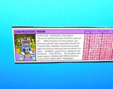 1984 G1 TRANSFORMERS HOOK CONSTRUCTICON TECH SPEC FILE CARD 100% ORIGINAL !!!