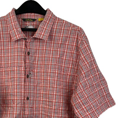 #ad Cabelas Mens L Coolmax Fishing Hiking Cotton Blend Button Up Red Gray Plaid $17.98