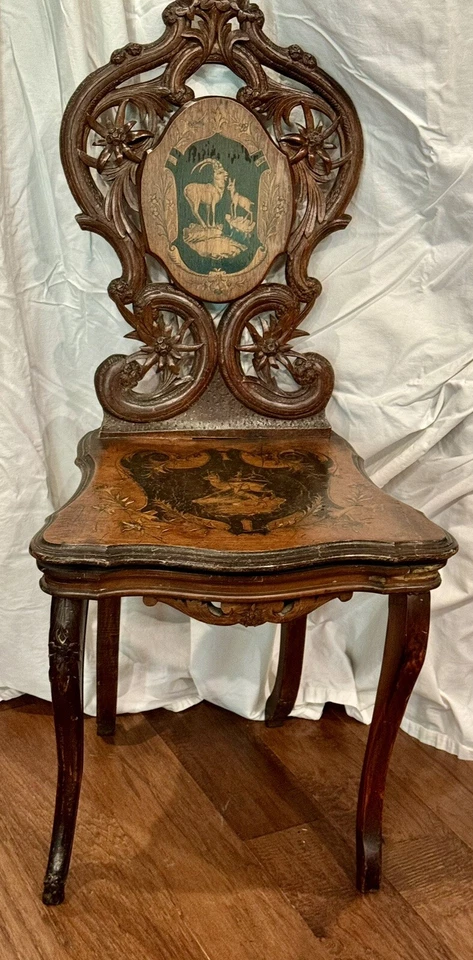 Antigua Silla de Salón Musical Renacimiento Alemán Negro Bosque Marquetería C 1880 Foto 2 de 4