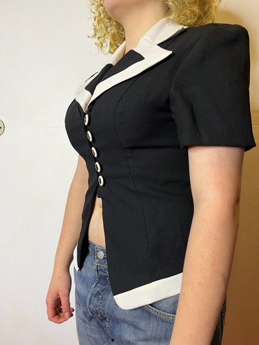 Vintage 1980s Sovrin Blouse Black & White Art Deco Wide Collar Button Down AU 10 - Picture 2 of 7