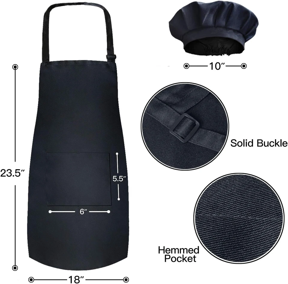 3 Pack Kid's Apron with Chef Hat Set - Children’s Bib with Pocket (Black) - Image 2 of 4