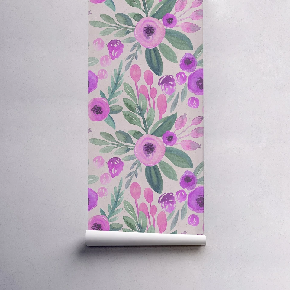 Papel Pintado Extraíble Floral Rosa y Púrpura Acuarela Flores Patrón Decoración Foto 3 de 4