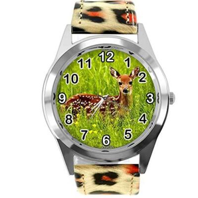 TAPORT Leopard Print Leather Round Watch for Deer Fans