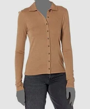 $225 Vince Women's Brown Wool Collared Long Sleeve Button Front Polo Top Size M