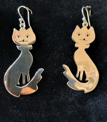 Taxco Beautiful Eyelashes Kitty Cat Dangle Earrings 925 Sterling 7+grams NEW