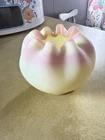 Fenton Burmese Double Ringed Rose Bowl Vase Uranium Yellow, Pink Ruffled Posey