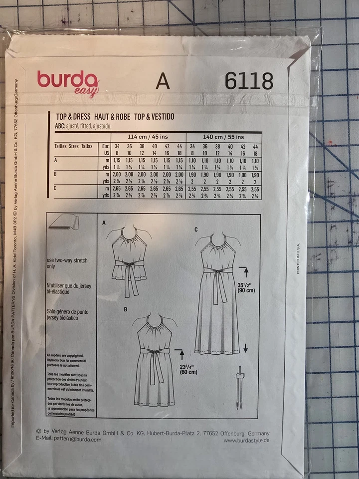 6118 BURDA Easy - Knit Halter TOP & DRESS Cut & Complete Size 12-14 - Image 2 of 2