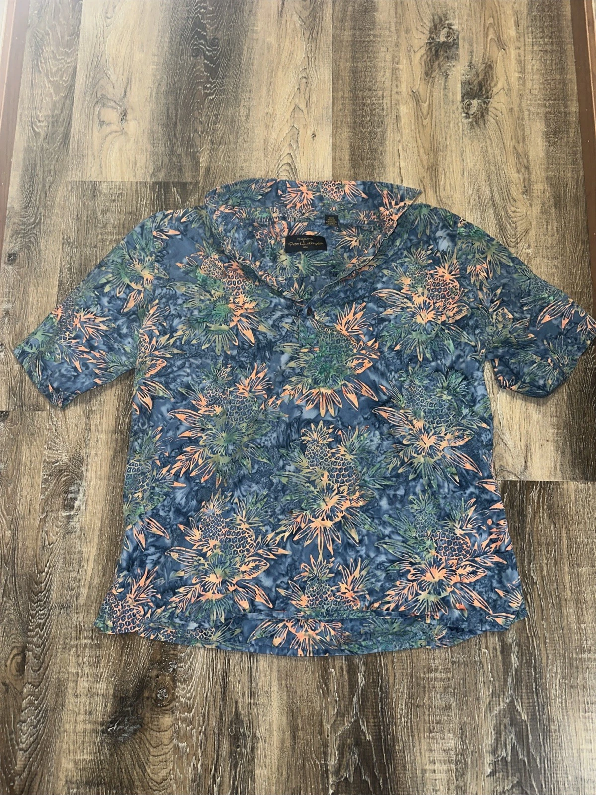 Pete Huntington Handcrafted Batik Print Button Up Shirt XL Blue Floral Resort