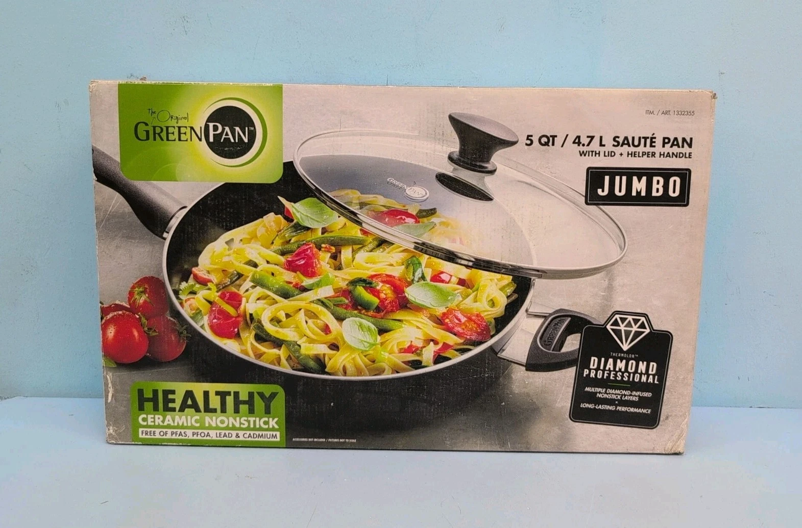 GreenPan Jumbo Ceramic Nonstick 5 Quarts Saute Pan with Lid + Helper Handle