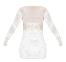 Blush Pink Velvet Ruched Round Neck Long Sleeve Mini Bodycon Dress Women's