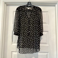 LC Lauren Conrad Women’s Size L  Blouse Top Sheer Black Polka Dots Career