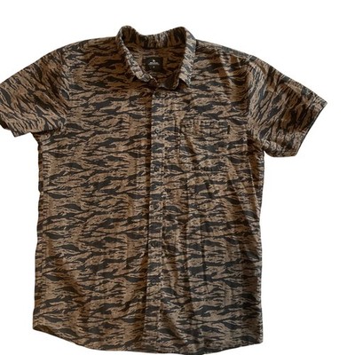 Rip Curl Mens Button Down Shirt Medium Brown Black Tiger Camo Short Sleeve