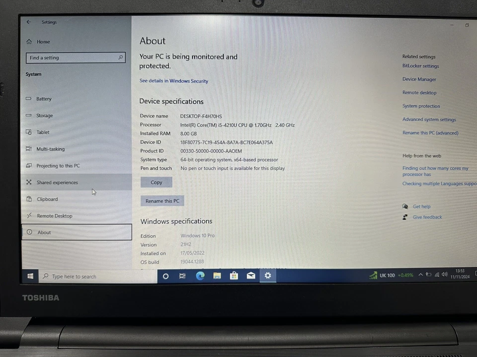 Toshiba Laptop Satellite Pro R50-B-12U i5-4210 240GB SSD 8GB RAM BIOS LOCKED - Image 4 of 4