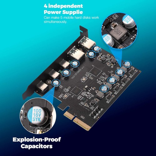 PCIe to USB 3.2 Gen 2 Expansion Card 20 Gbps Bandwidth 5 Ports 2*USB-A 3*USB-C - Picture 10 of 13