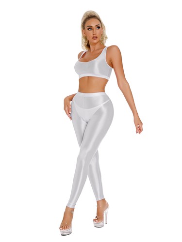 UK Women's Glossy Sleeveless Crop Top with High Waist Pants Yoga Gym Sports Set - Picture 8 of 108