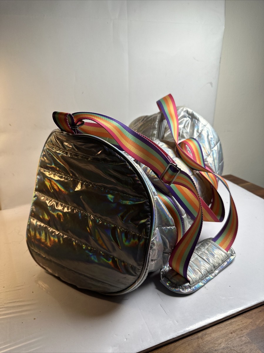 Top Trenz Silver Puffy Large Duffle Bag With Rainbow 🌈 Long Strap