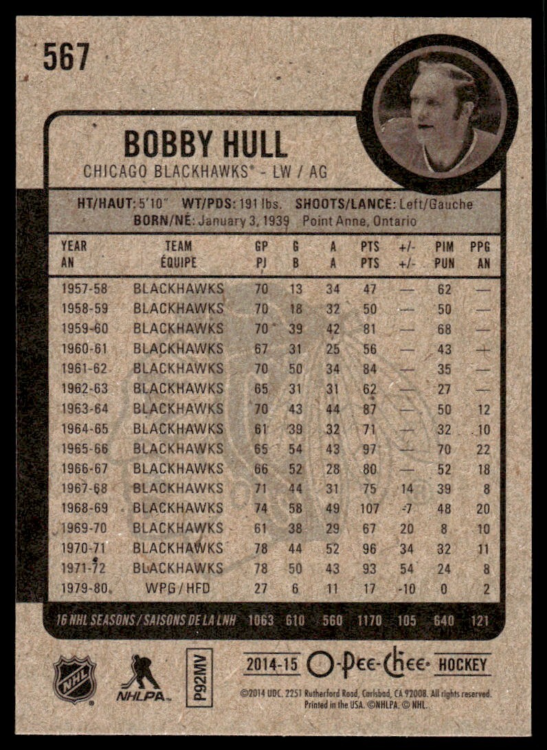 2014-15 O PEE CHEE MARQUEE LEGEND RETRO Bobby Hull Chicago Blackhawks #567 - Picture 2 of 2