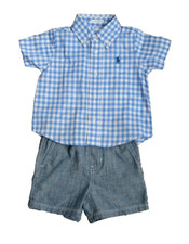 NWT Ralph Lauren Baby Boys Cotton Shirt and Denim Short Pants Set Blue 9 Months