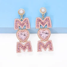 Pink Crystal Rhinestone Mom Stud Pierced Earrings for Mother's Day Gift