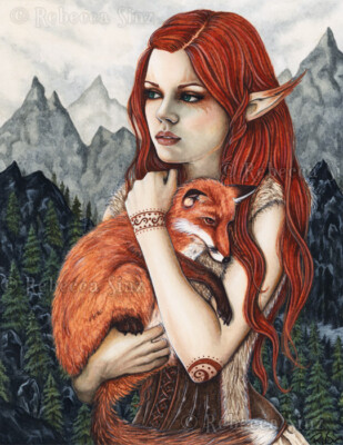 Fantasy Art PRINT Fox Elf Trees Mountains Friends Pet Shaman orange Corset 