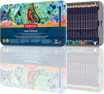 Derwent Inktense Color Pencils, 36-Piece Tin Set, 4mm Round Core, Watercolor Dra