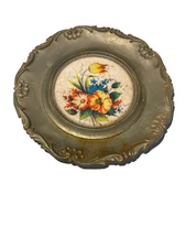 Vintage West Germany Koziol Pewter Wall Decor With Interior Floral Ceramic