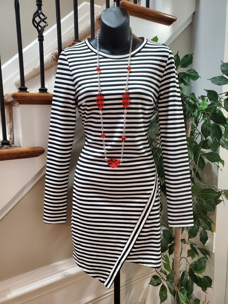Tea & Cup Black White Striped Long Sleeve Back Zip Knee Length Dress Size Small