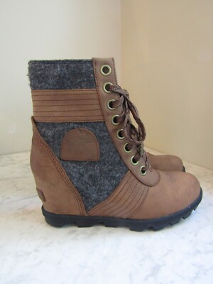 NIB Sorel Lexie Wedge Tobacco Brown Wool Felt Lace Up Boots
