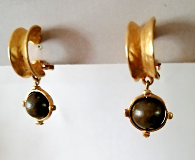 Vintage Art Deco Dangling Earrings Gold Tone Texture Green Ball Runway Statement