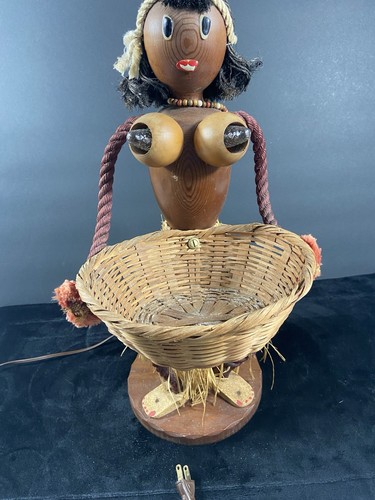 Vintage Tiki Bar Hula Hawaiian Girl Lamp With Basket Light Up Boobies Works