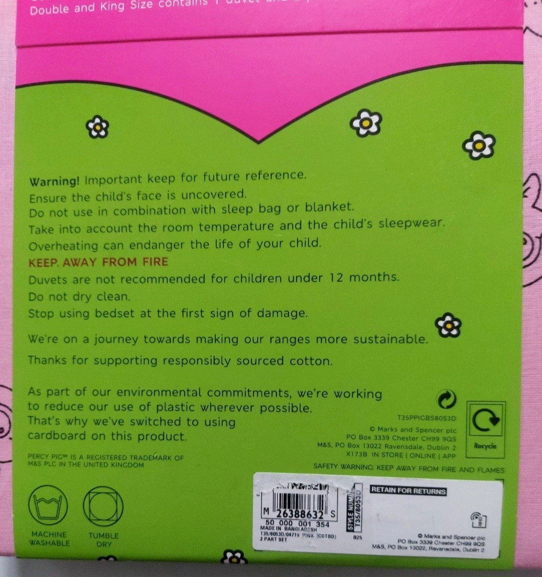 Copripiumino e federa letto M&S Percy Pig Misto Rosa Nuovo con etichette foto 4