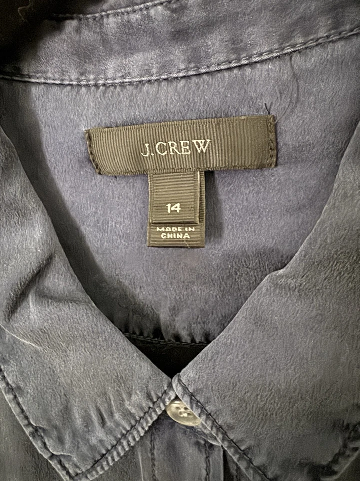Classic! J. Crew Navy Women Blouse Sz 14 Button 100% Silk Long Sleeve - Image 3 of 4