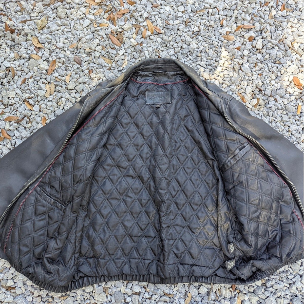 St. Johns Bay Mens Black Leather Bomber Jacket XL Full Zip Quilted