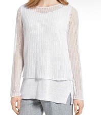 EILEEN FISHER 1X White Linen Knit Mesh Overlay Tiered Layered Sweater Top Flaw