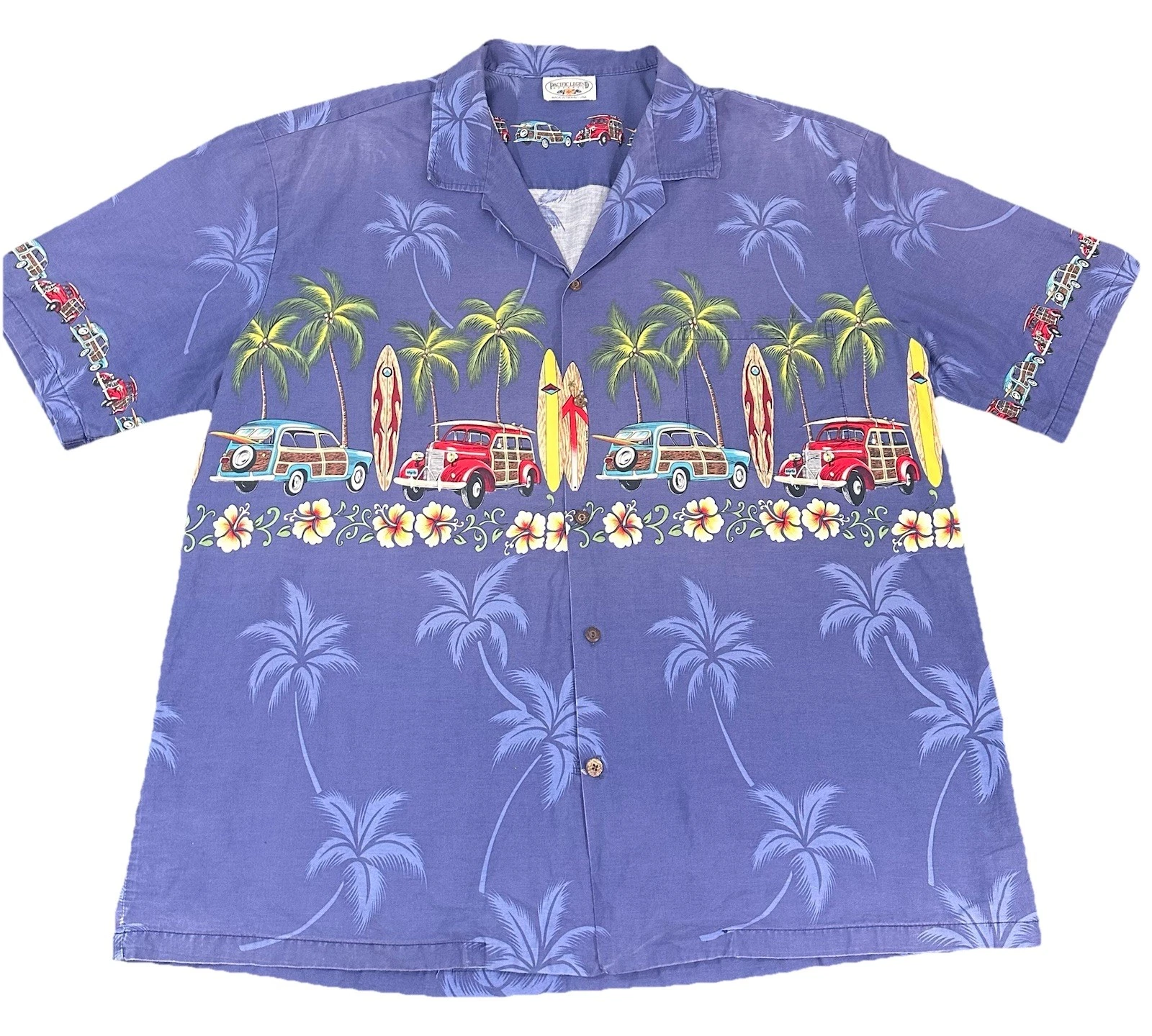 Pacific Legend 2XL Mens Navy Woody Surfboard Cars Palm Hawaiian Button Up Shirt