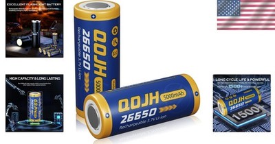 26650 5000mAh 3.7V Rechargeable Li-ion Battery for Flashlight, 2 Pack