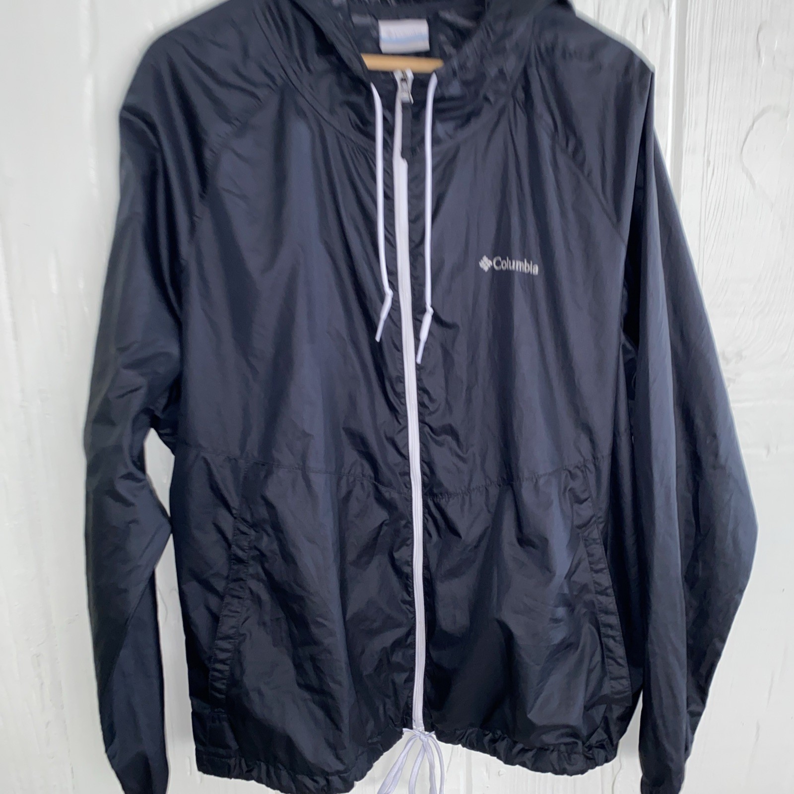 Columbia Black Rain Jacket Windbreaker Hood Pockets 2X Zip Up  Drawstring