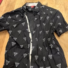 Guess Black Button Shirt Short-Sleeve Dress Logo Collar Youth Kids M Med Vtg