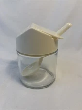VTG Gemco Corning Glass Sugar Bowl/Jar Beige Plastic Flip Top Lid W/ Spoon