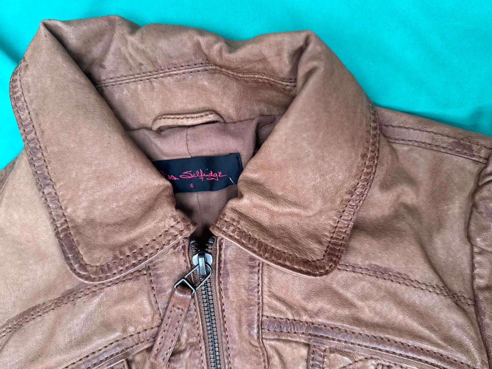 Miss Selfridge Tan Leather Jacket Size 6 Women’s Cropped Fitted Biker Style image 8