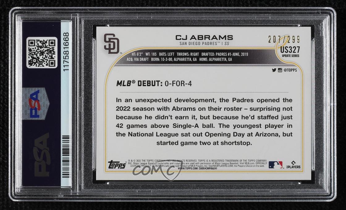 2022 Topps Update Rookie Debut Orange Foil 207/299 CJ Abrams PSA 10 GEM MT RC view 2
