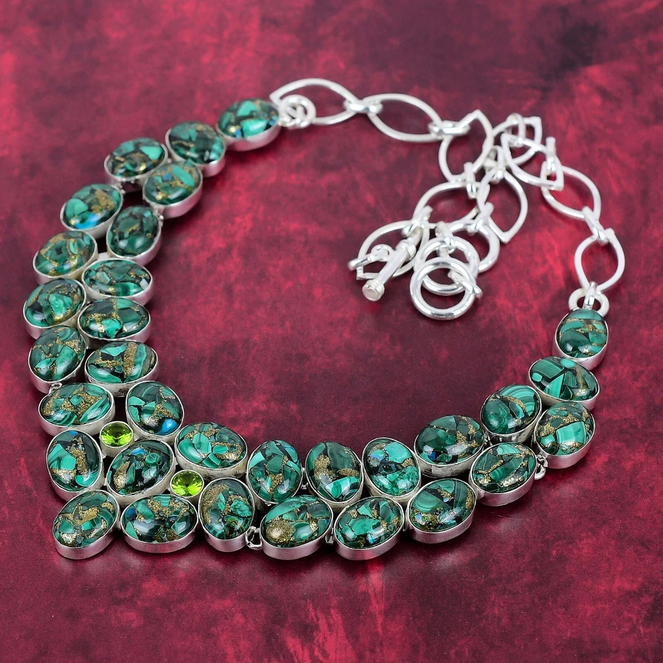 Collar bohemio de joyería de plata de ley 925 hecha a mano con piedras preciosas de malaquita de cobre Foto 3 de 4