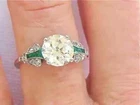 Art Deco Style Round Cut Lab-Created Diamond & Emerald Ring 14k White Gold FN