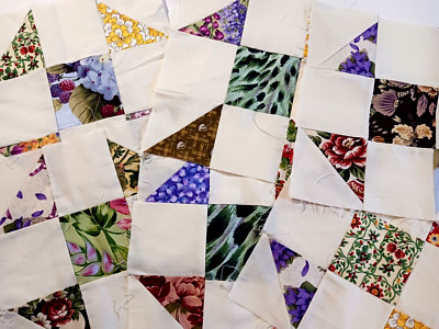 9 Patchwork Quilt Blocks Shoo Fly Pattern Off-White w Florals 9.5'' Square Pretty