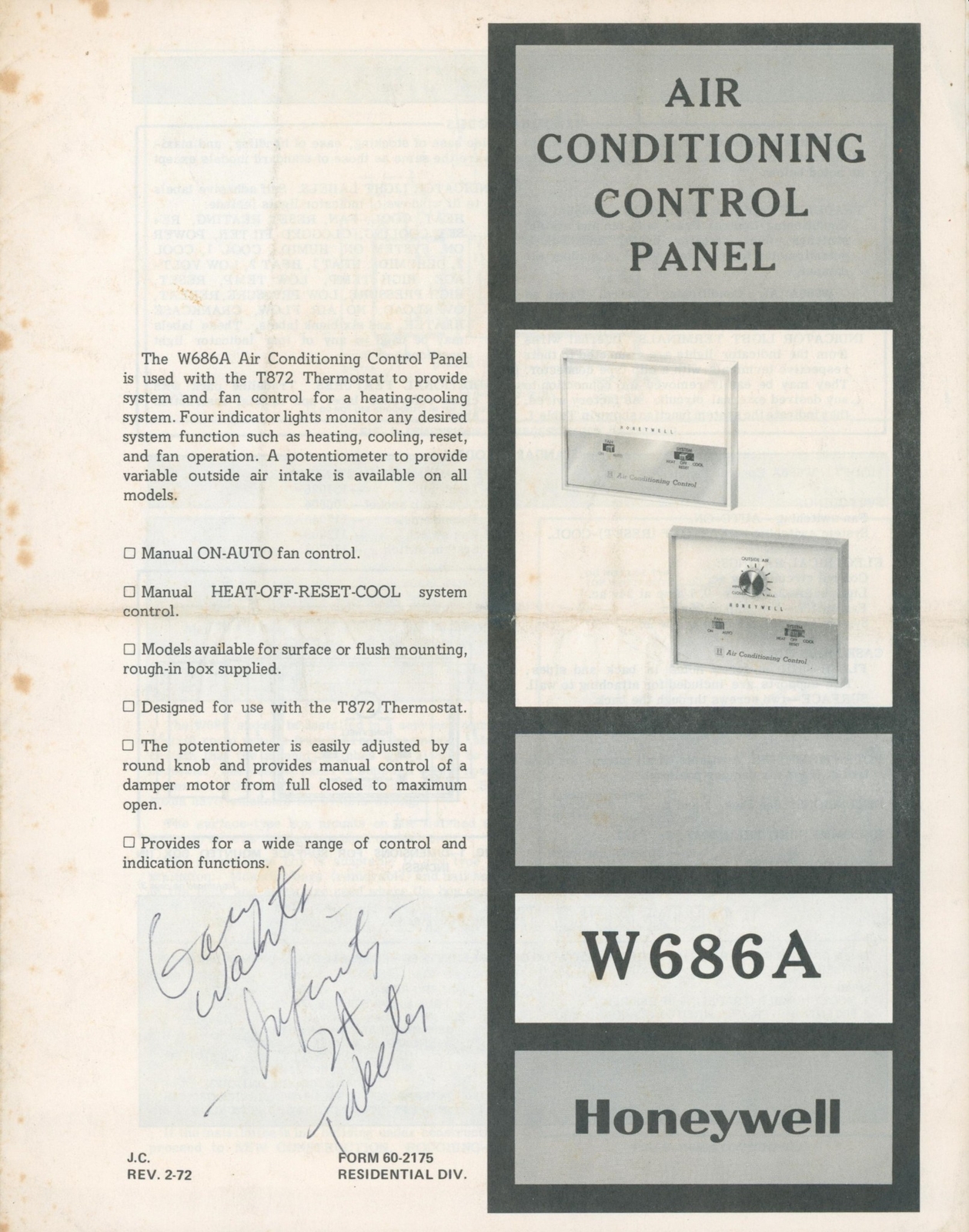 1972 Honeywell W686A Air Conditioning Heat Control Panel Operating Instructions
