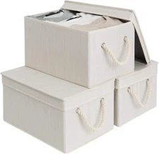 Foldable Storage Bins with Lid, Soft Rope Handles, Beige/White/Ivory, 3-Pack