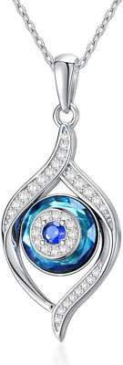 Evil Eye Necklace Sterling Silver Blue Crystal Pendant Luck Ojo Turco Gift Women