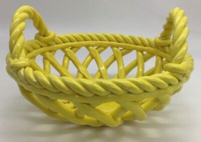 Bright Lemon Yellow Ceramic Woven Handled Basket 7.5 Inch